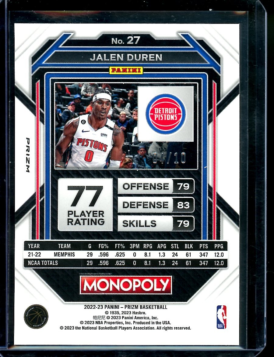 2022-23 Panini Prizm Monopoly Jalen Duren Rookie Gold Monopoly /10 Pistons