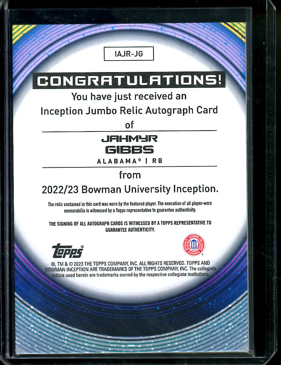 2023 Bowman Inception Jahmyr Gibbs Patch Auto /199 Lions