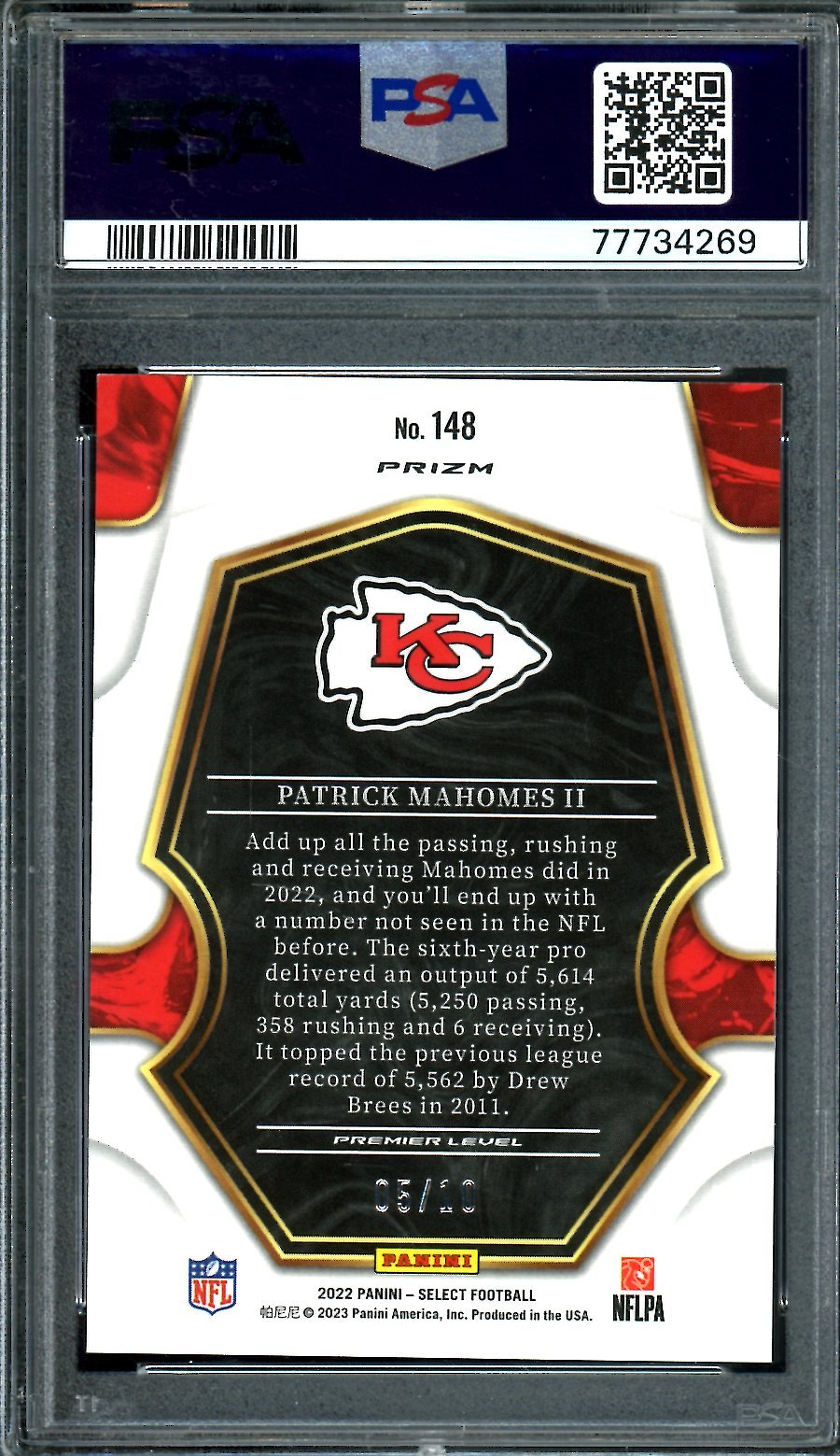2022 Panini Select Patrick Mahomes II Gold Prizm /10 PSA 10 Chiefs