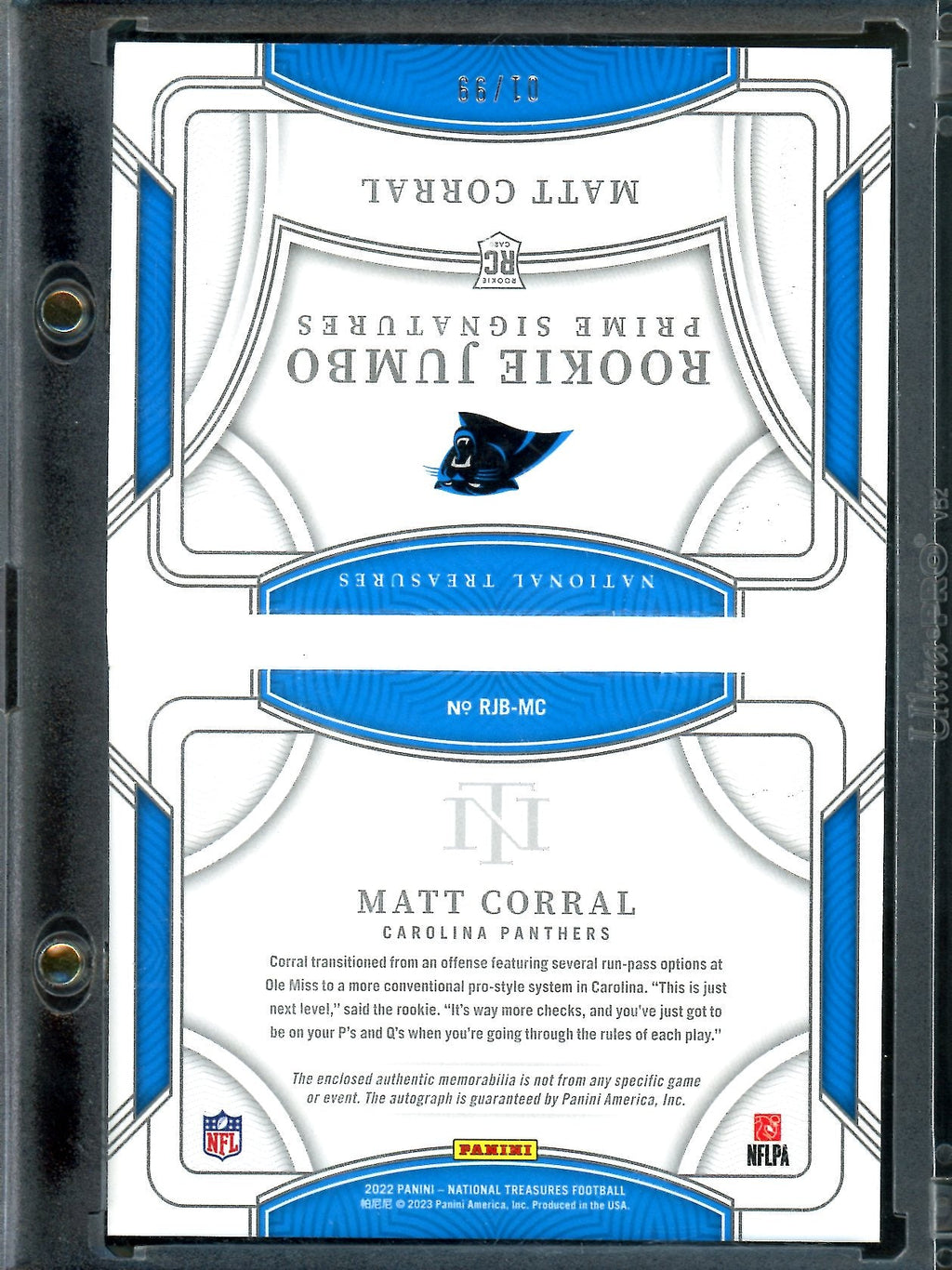 2022 Panini National Treasures Matt Corral Rookie Jumbo Booklet RPA /99 Panthers