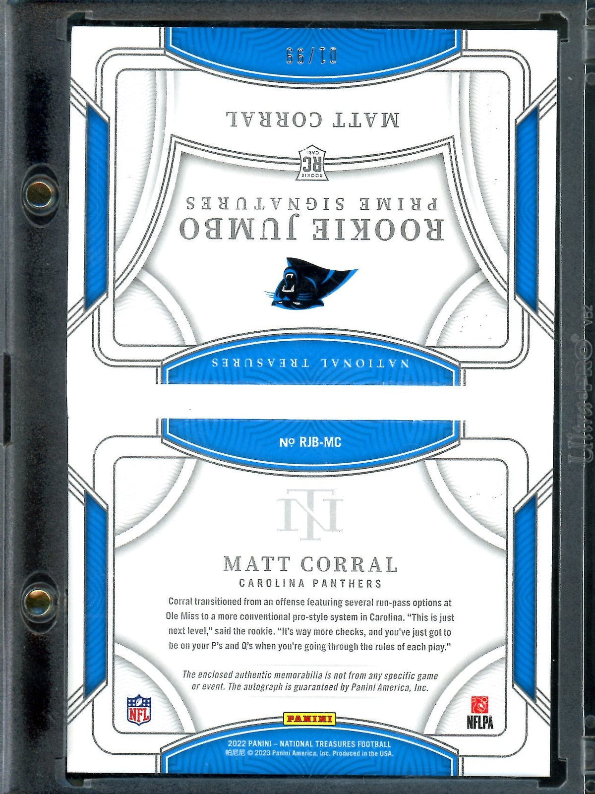 2022 Panini National Treasures Matt Corral Rookie Jumbo Booklet RPA /99 Panthers