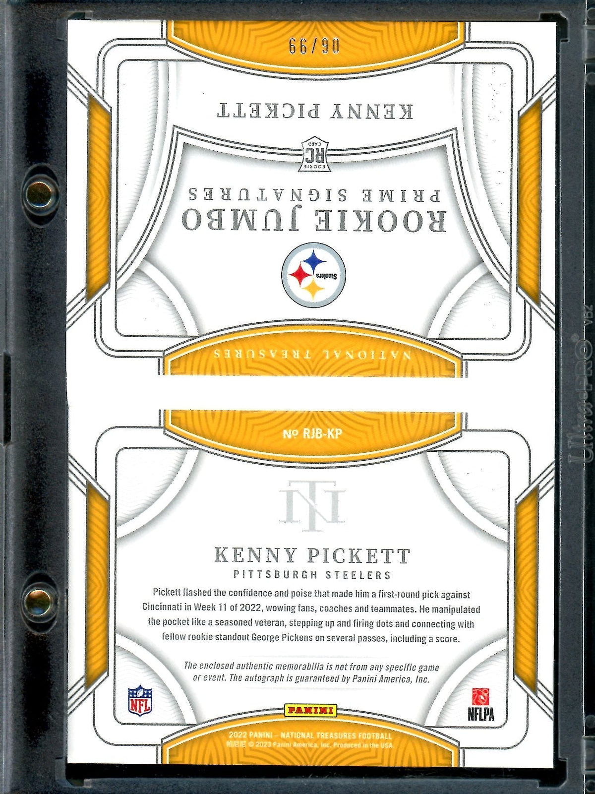 2022 Panini National Treasures Kenny Pickett Rookie Jumbo Booklet RPA /99 Steelers