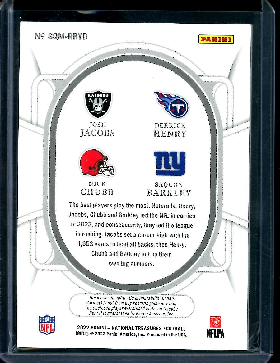 2022 Panini National Treasures Josh Jacobs/Derrick Henry/Nick Chubb/Saquon Barkley Quad Patch /99