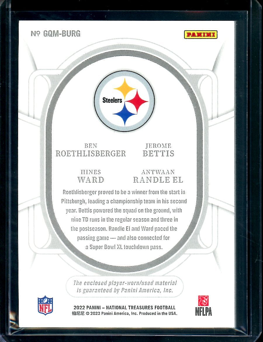2022 Panini National Treasures Ben Roethlisberger/Jerome Bettis/Hines Ward/Antwaan Randle El Quad Patch /99 Steelers