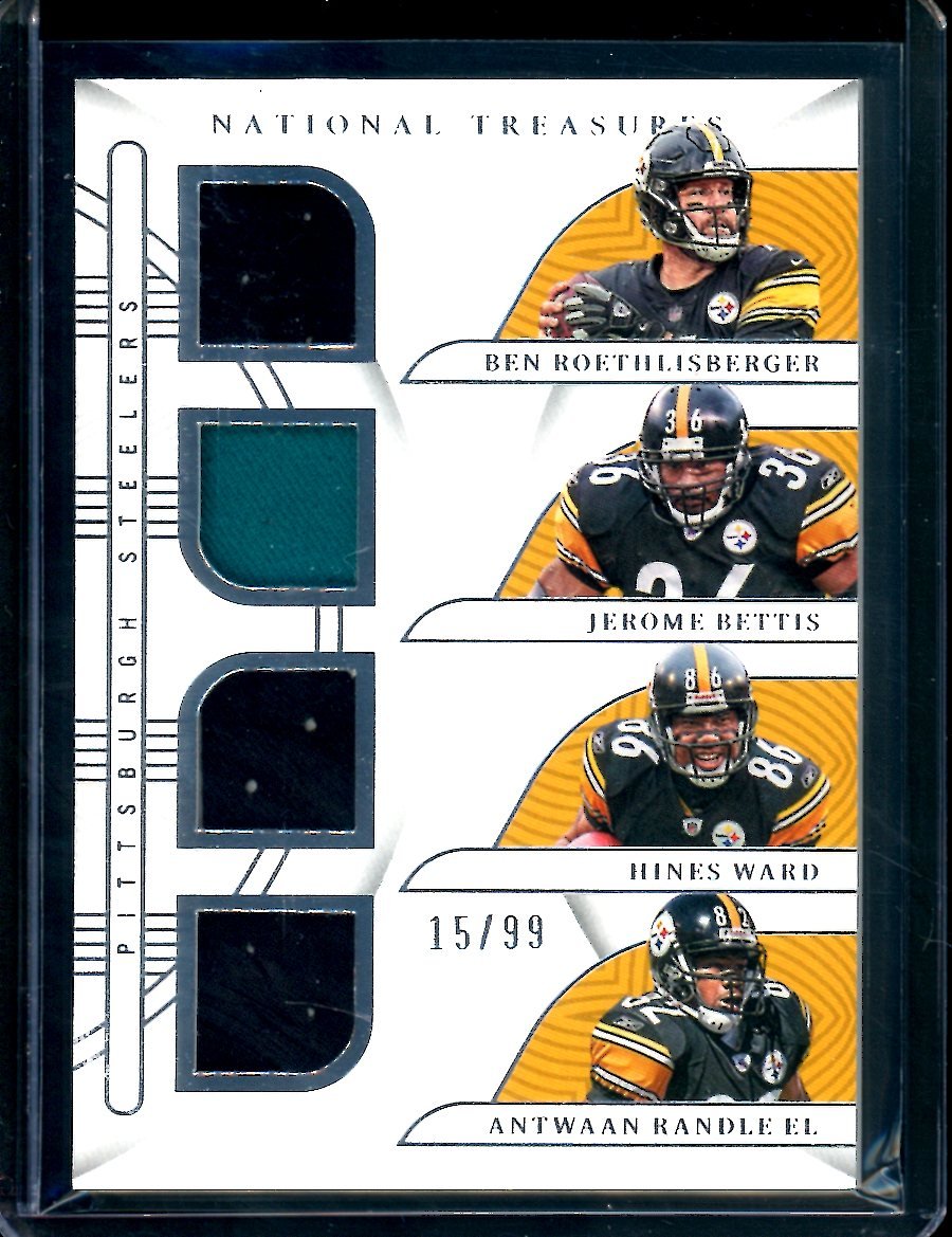 2022 Panini National Treasures Ben Roethlisberger/Jerome Bettis/Hines Ward/Antwaan Randle El Quad Patch /99 Steelers