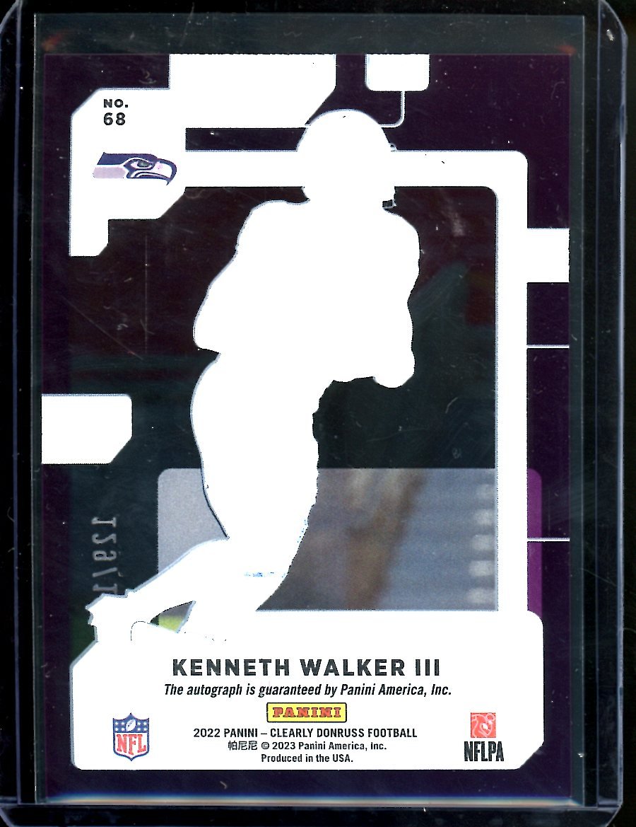 2022 Panini Donruss Clearly Kenneth Walker III Rookie Auto Purple /175 Seahawks