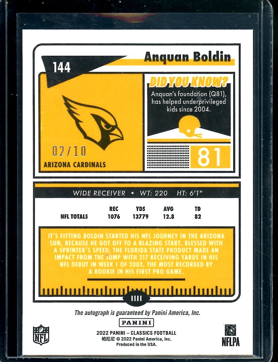 2022 Panini Classics Anquon Boldin Auto /10 Cardinals