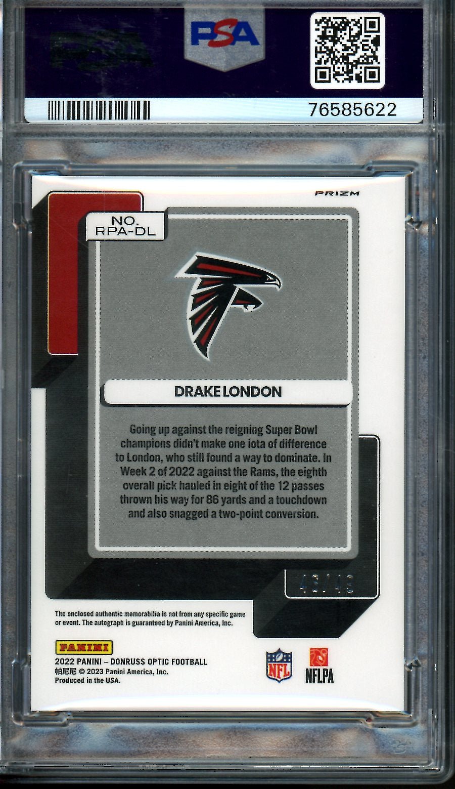 2022 Panini Optic Drake London Rookie RPA /49 PSA 9 Falcons