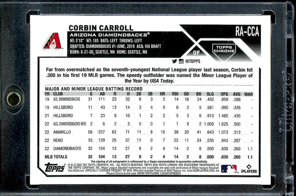 2023 Topps Chrome Corbin Carroll Rookie Auto Blue /150 Diamondbacks