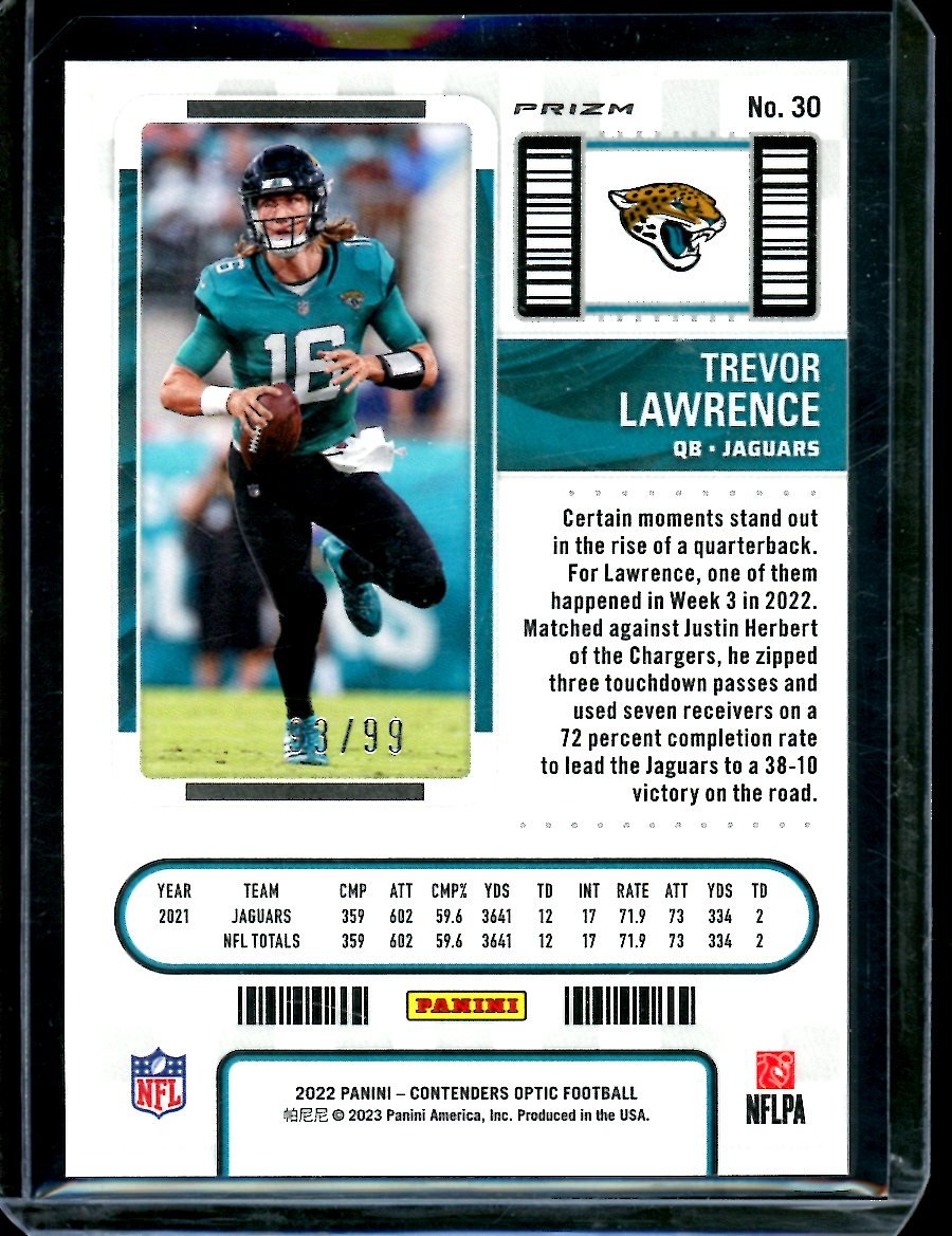 2022 Panini Contenders Optic Trevor Lawrence Season Ticket Blue /99 Jaguars