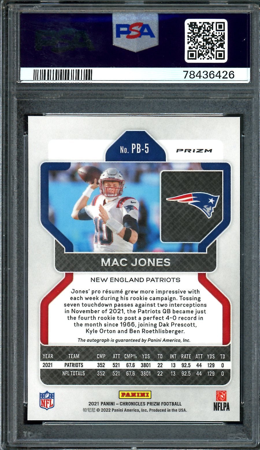 2021 Panini Chronicles Prizm Black Mac Jones Rookie Auto PSA 10 Patriots
