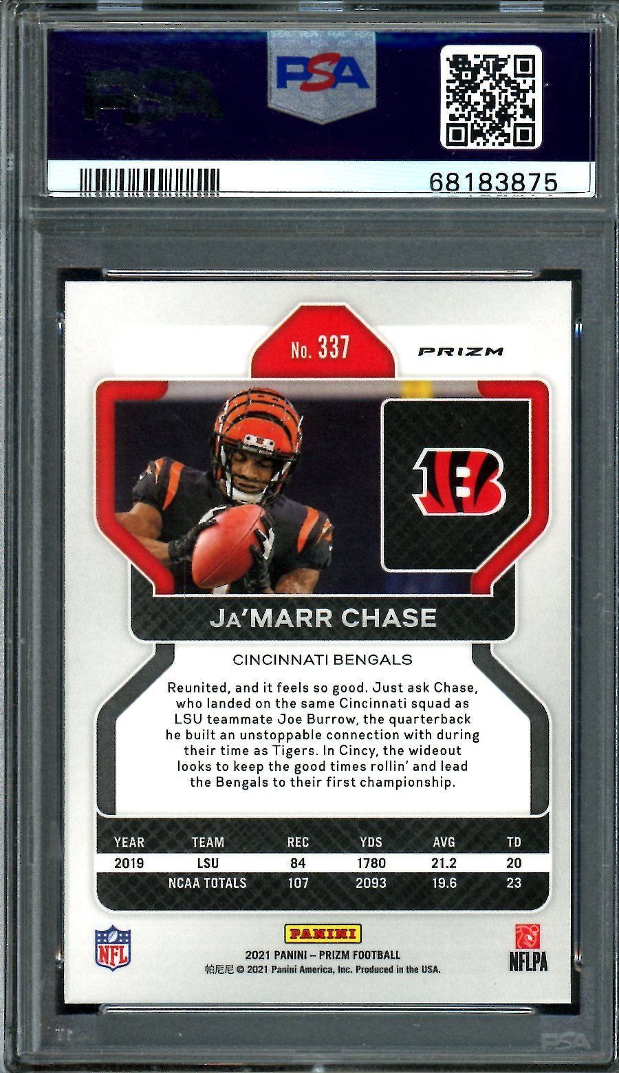 2021 Panini Prizm Ja'Marr Chase Rookie Pink Prizm PSA 10 Bengals