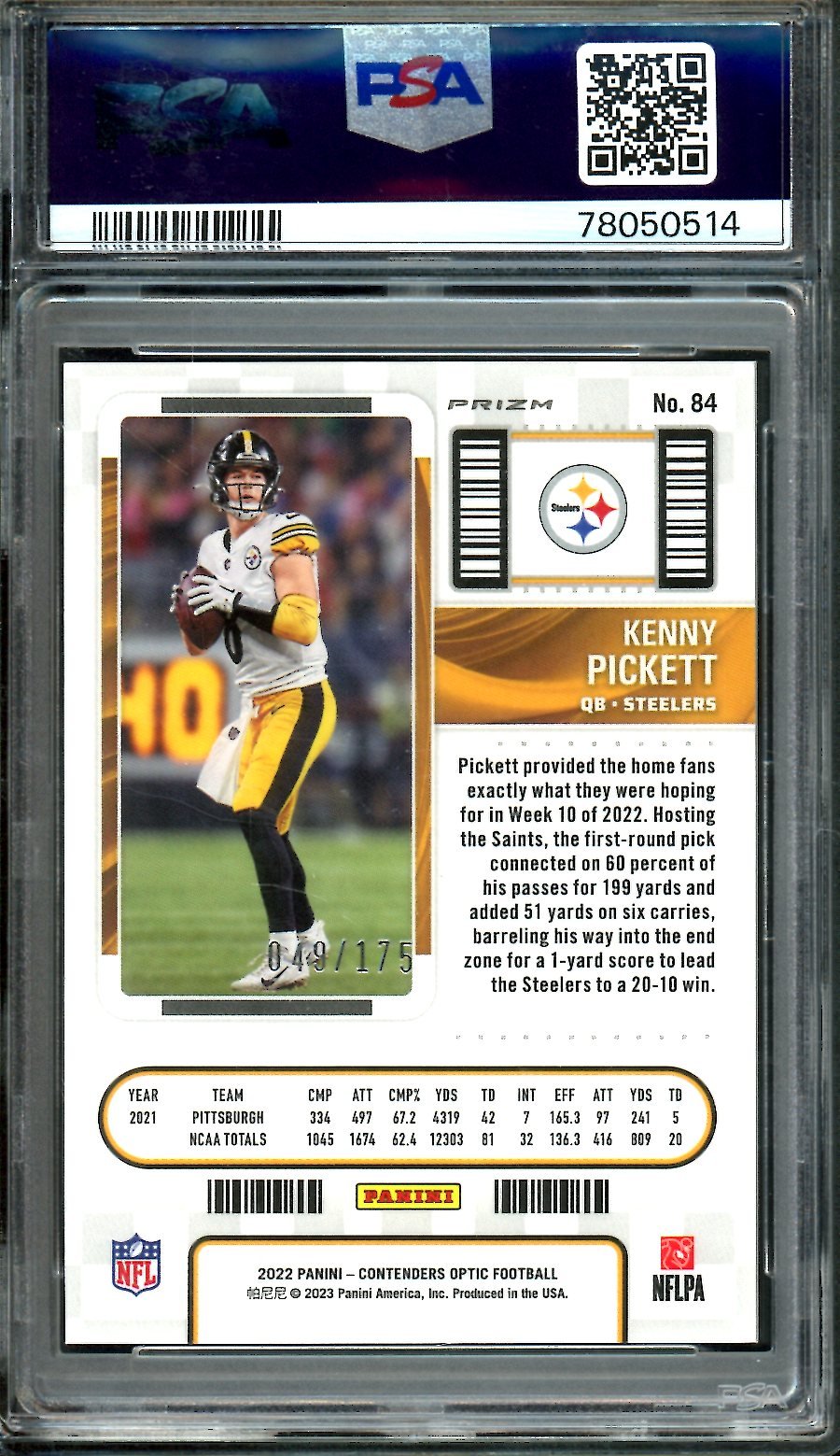 2022 Panini Contenders Optic Kenny Pickett Rookie Red /175 PSA 9 Steelers