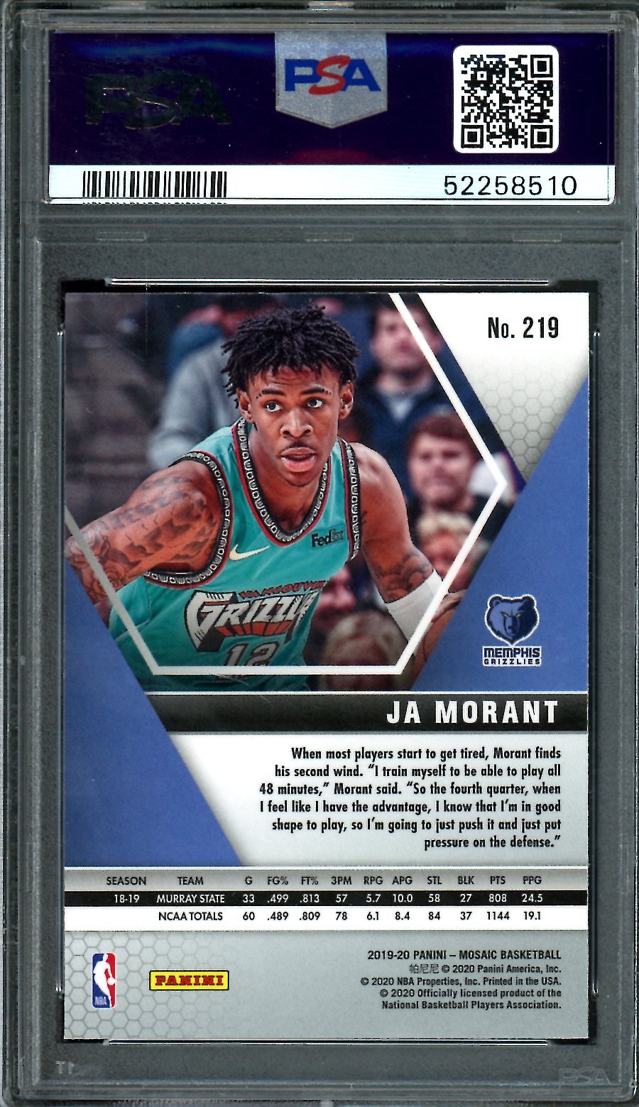 2019-20 Panini Mosaic Ja Morant Rookie PSA 10 Grizzlies