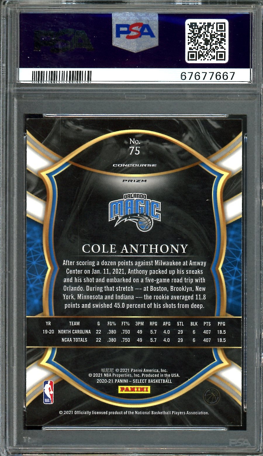 2020-21 Panini Select Cole Anthony Rookie Elephant SSP PSA 10 Magic
