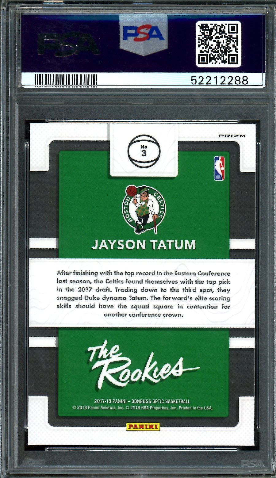 2017-18 Panini Optic Jayson Tatum Rookie The Rookies Holo PSA 10 Celtics