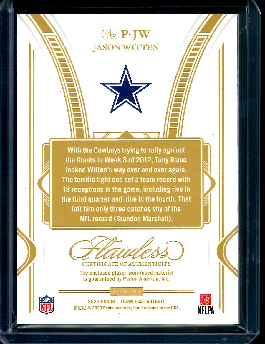 2022 Panini Flawless Jason Witten Sapphire Patch /10 Cowboys
