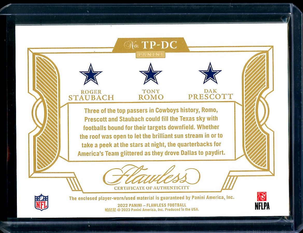 2022 Panini Flawless Roger Staubach/Tony Romo/Dak Prescott Triple Patch Gold /25 Cowboys