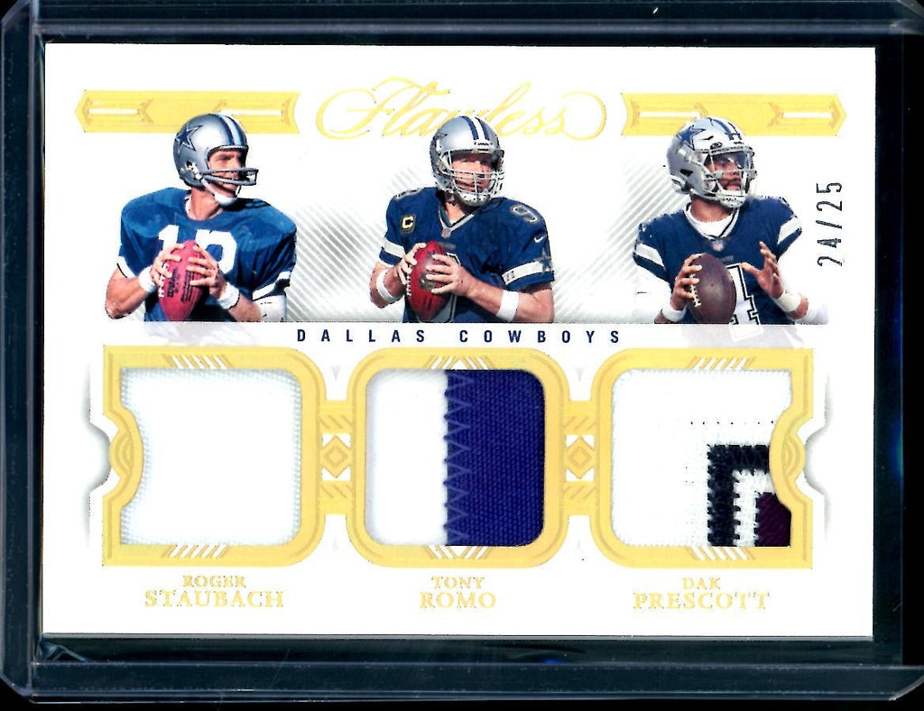 2022 Panini Flawless Roger Staubach/Tony Romo/Dak Prescott Triple Patch Gold /25 Cowboys
