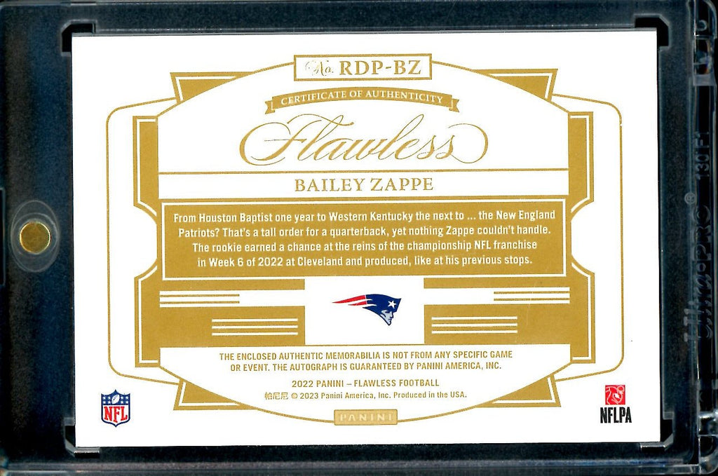 2022 Panini Flawless Bailey Zappe Rookie RPA Bronze /6 Patriots