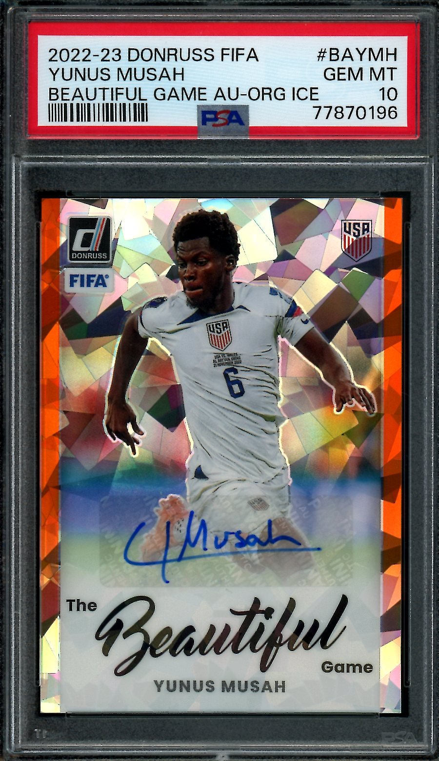 2022-23 Panini Donruss Yunus Musah Beautiful Game Auto Orange Ice SP PSA 10 USA