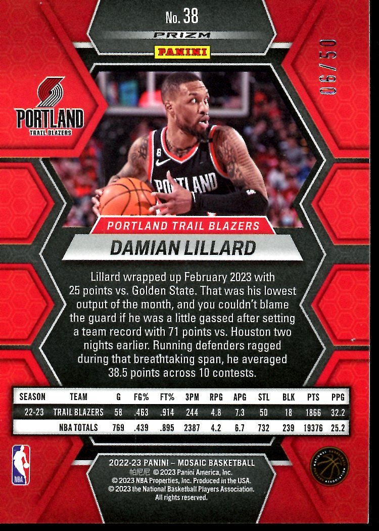 2022-23 Panini Mosaic Damian Lillard Purple Disco /50 Trailblazers