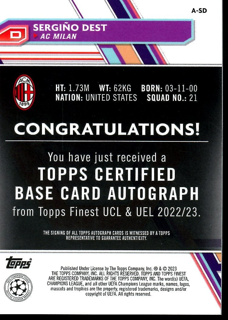 2023 Topps Finest Sergino Dest Auto Blue /150 AC Milan