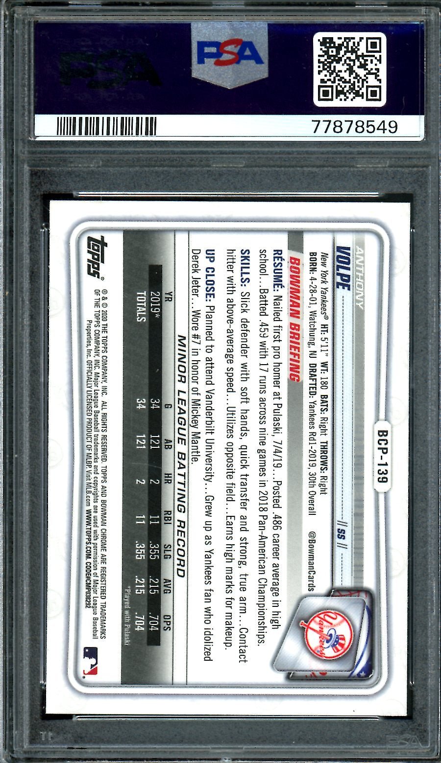 2020 Topps Bowman Chrome Anthony Volpe 1st Bowman PSA 9 Yankees