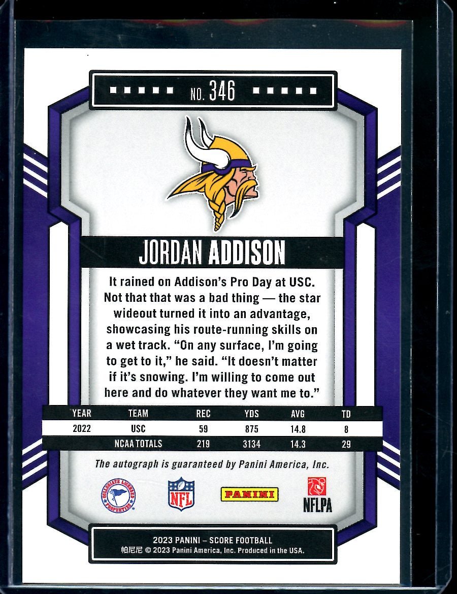 2023 Panini Score Jordan Addison Rookie Auto Gold /50 Vikings