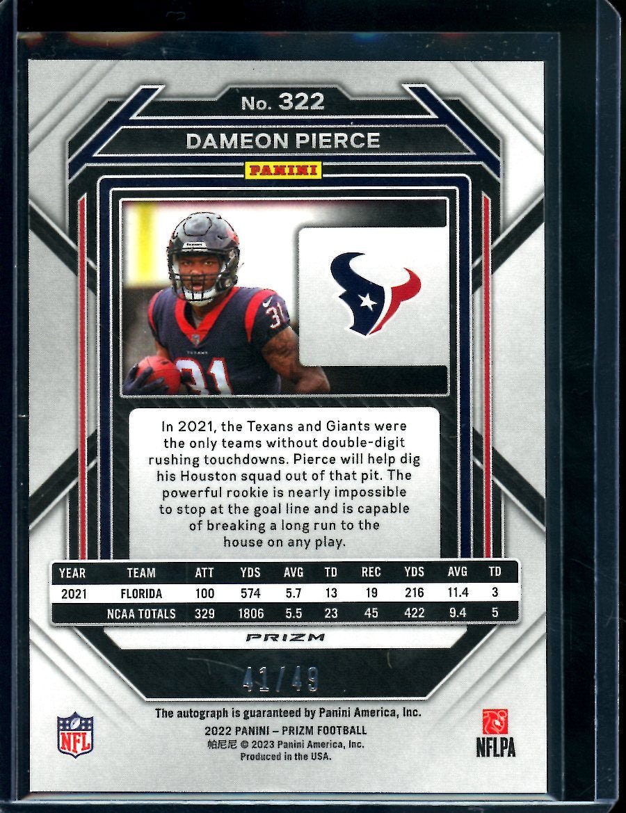 2022 Panini Prizm Dameon Pierce Rookie Auto Purple Power /49 Texans