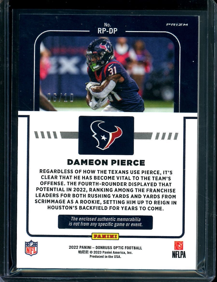 2022 Panini Optic Dameon Pierce Rookie Phenom Patch Gold /10 Texans