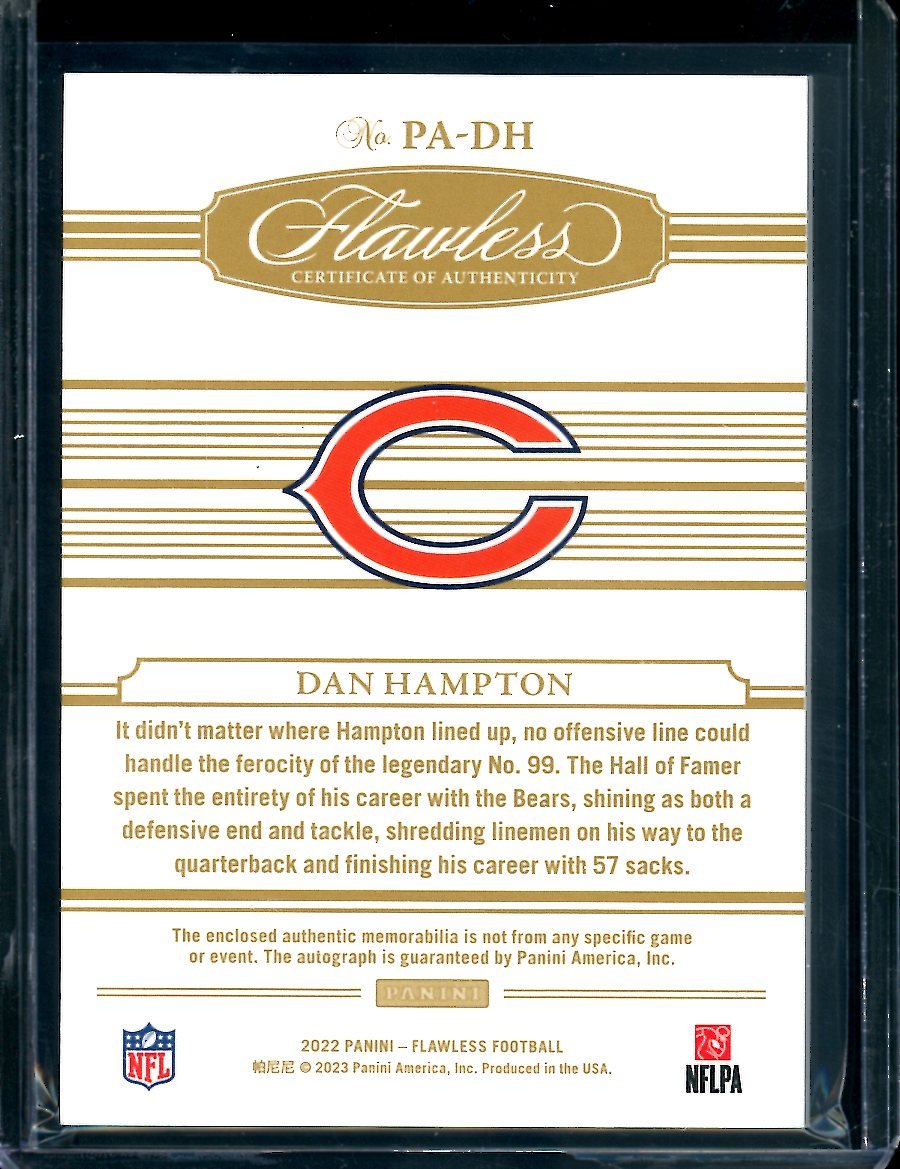 2022 Panini Flawless Dan Hampton Patch Auto Gold /15 Bears