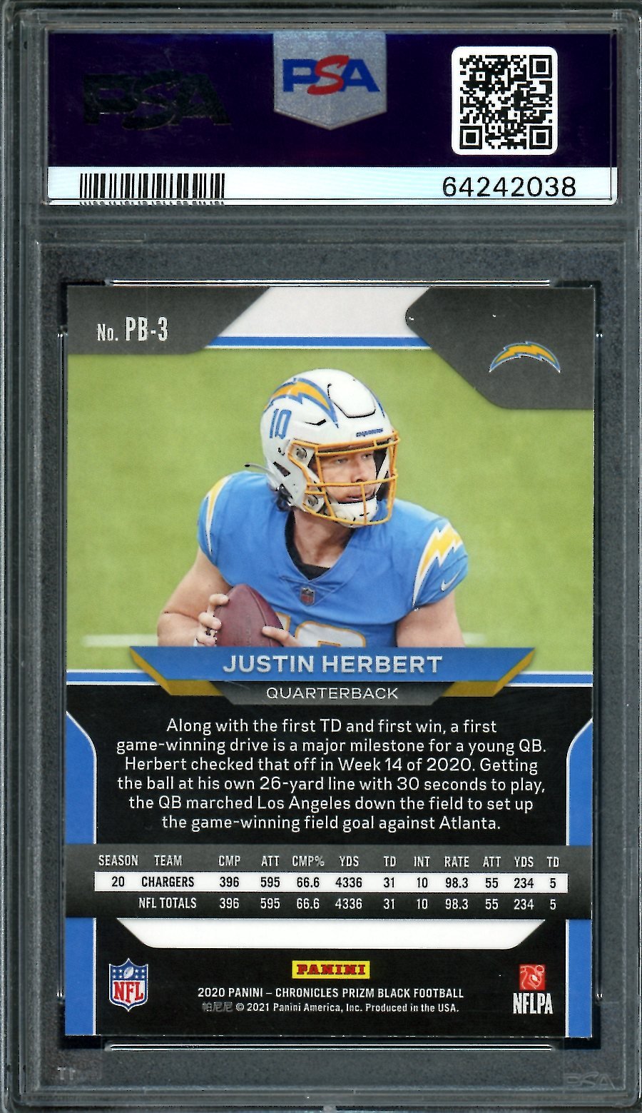 2020 Panini Chronicles Prizm Black Justin Herbert Rookie PSA 10 Chargers