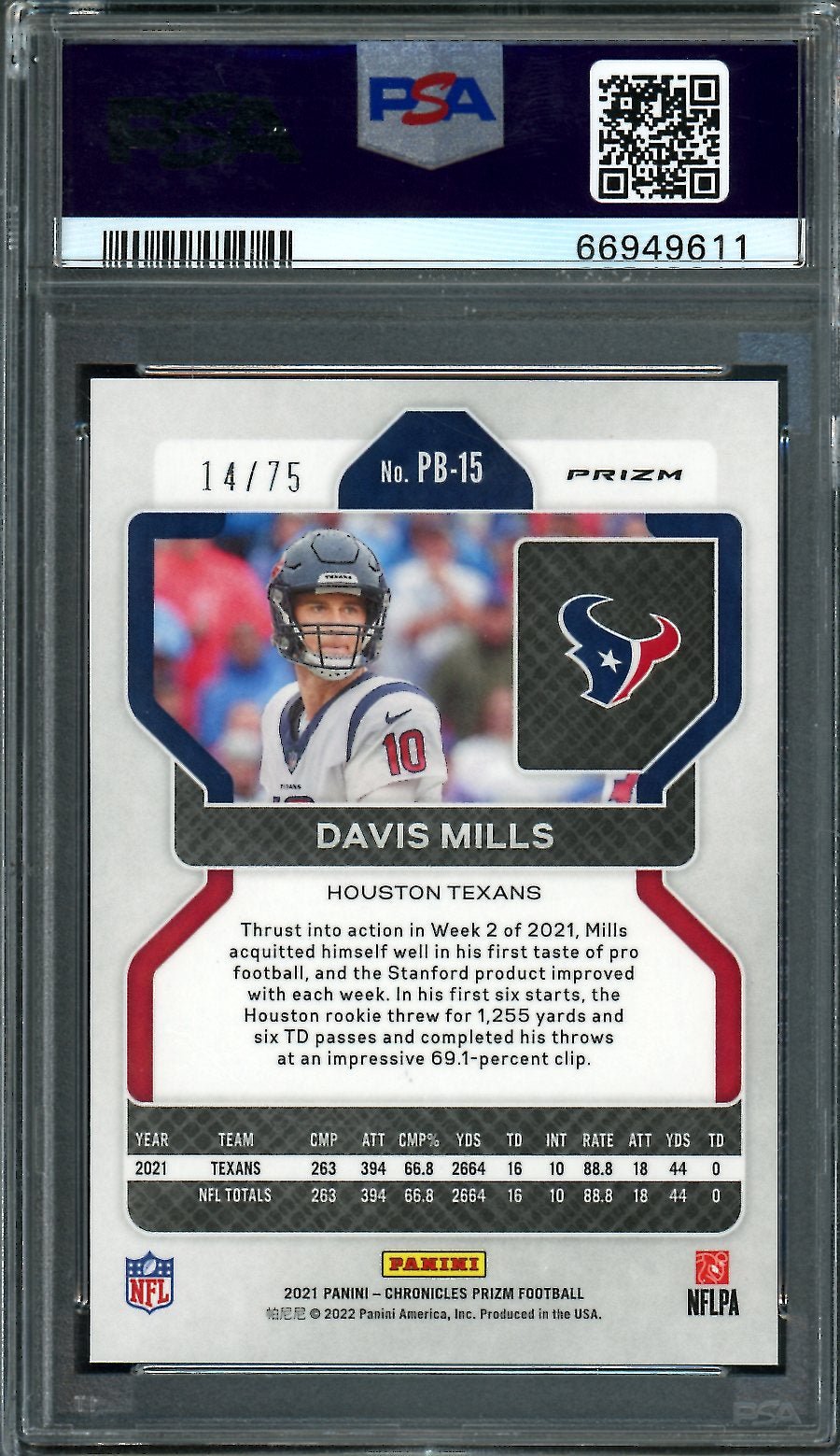2021 Panini Chronicles Prizm Black Davis Mills Rookie Orange /75 PSA 9 Texans