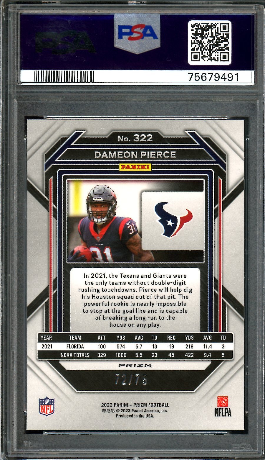 2022 Panini Prizm Dameon Pierce Rookie Green Scope /75 PSA 9 Texans