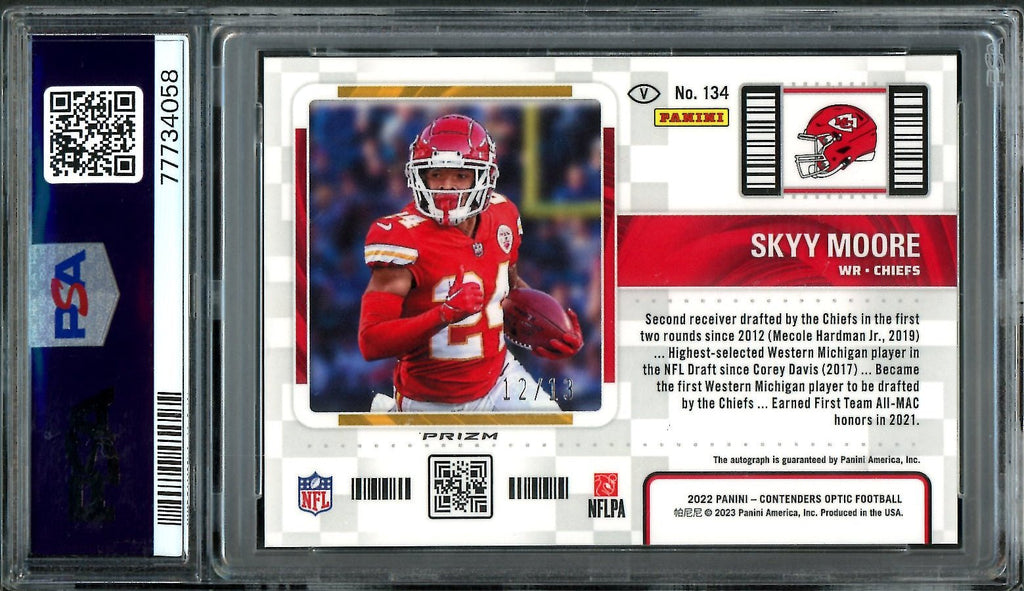 2022 Panini Contenders Optic Skyy Moore Rookie Variation Auto Red/White/Blue /13 PSA 9 Chiefs