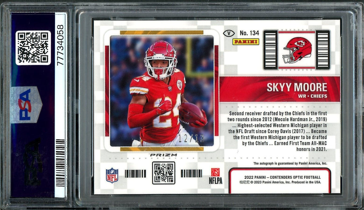 2022 Panini Contenders Optic Skyy Moore Rookie Variation Auto Red/White/Blue /13 PSA 9 Chiefs