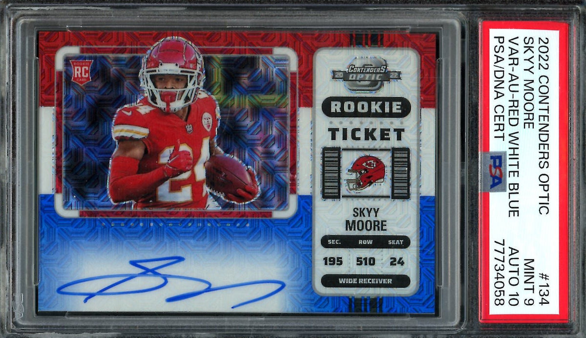 2022 Panini Contenders Optic Skyy Moore Rookie Variation Auto Red/White/Blue /13 PSA 9 Chiefs