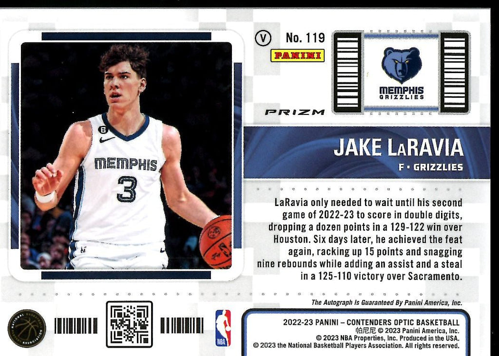 2022-23 Panini Contenders Optic Jake LaRavia Rookie Tictet Variation Auto Grizzlies