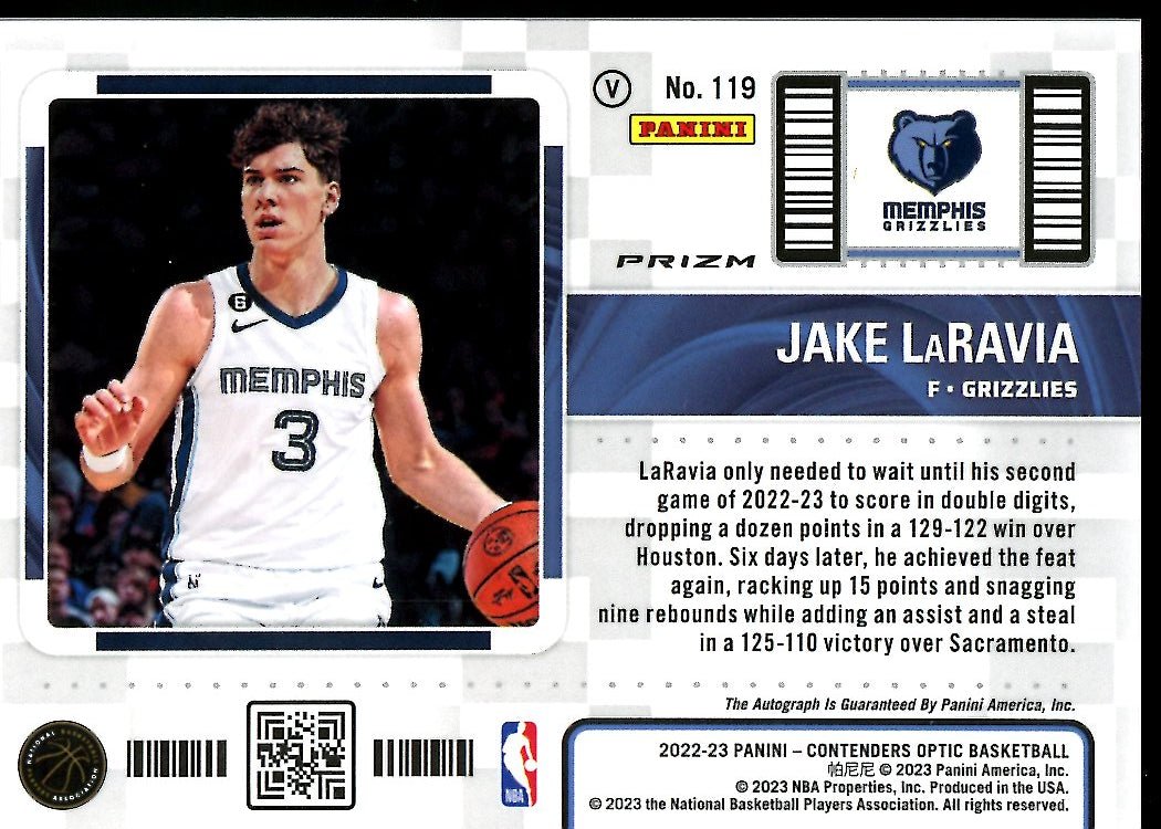 2022-23 Panini Contenders Optic Jake LaRavia Rookie Tictet Variation Auto Grizzlies