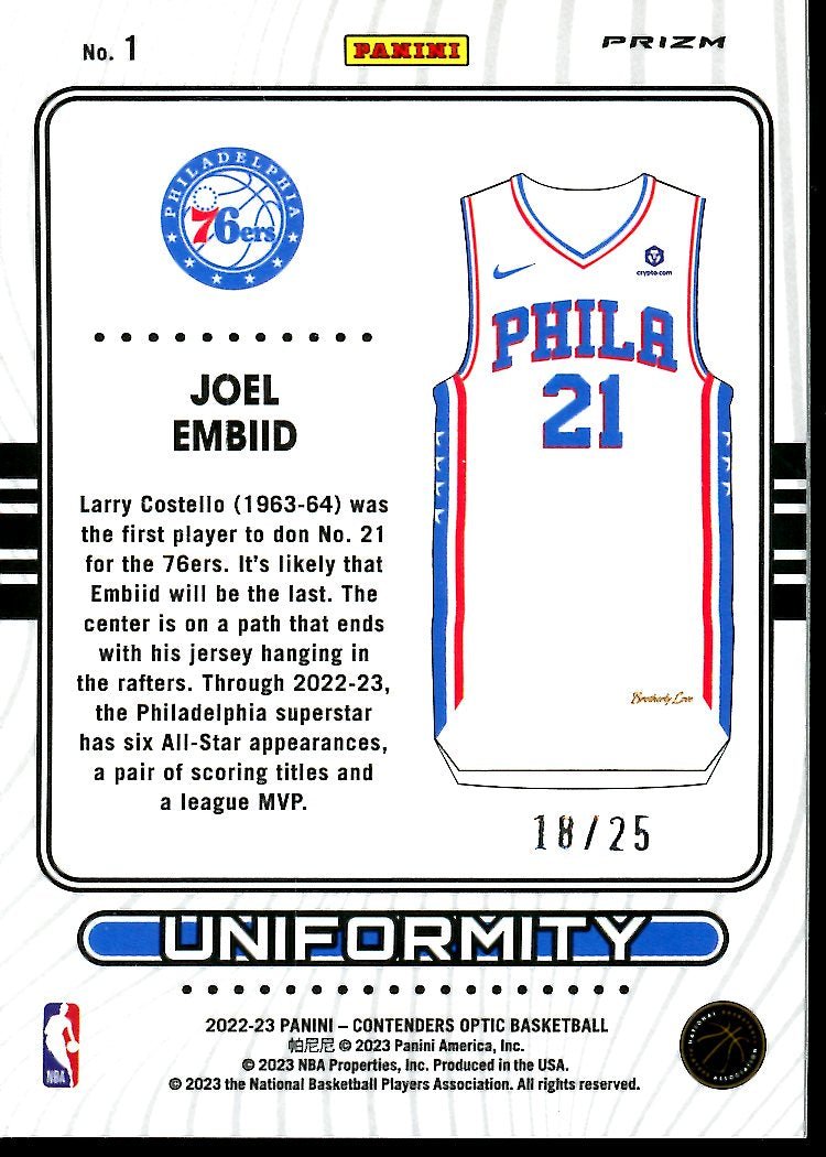2022-23 Panini Contenders Optic Joel Embiid Uniformity Green Pulsar /25 76ers