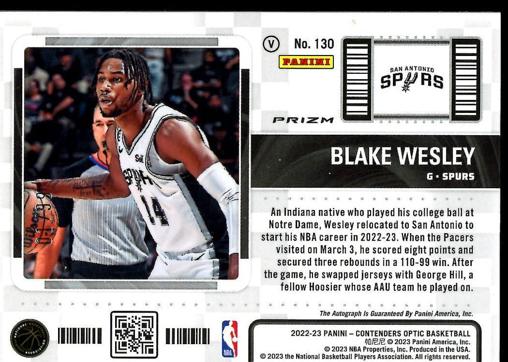 2022-23 Panini Contenders Optic Blake Wesley Rookie Ticket Variation Red Auto /99 Spurs