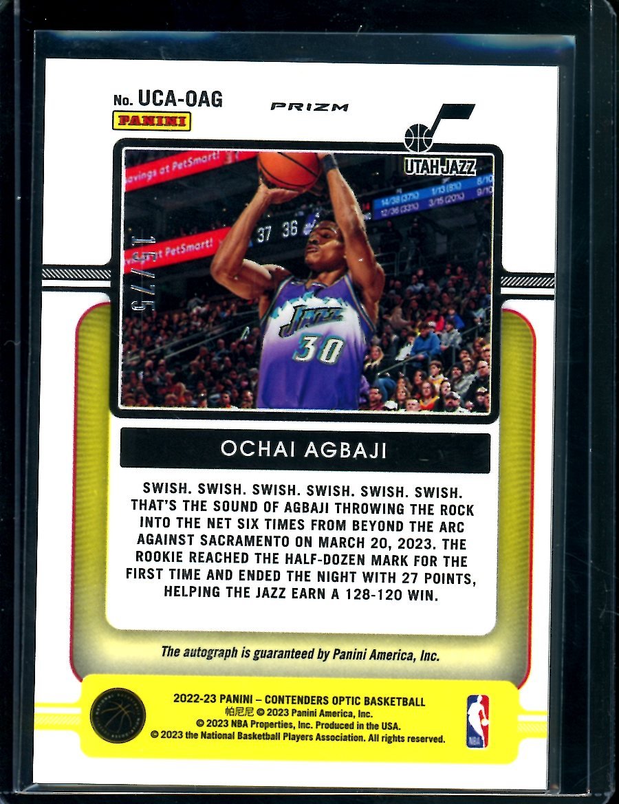 2022-23 Panini Contenders Optic Ochai Agbaji Rookie Up & Coming Auto Blue /75 Jazz