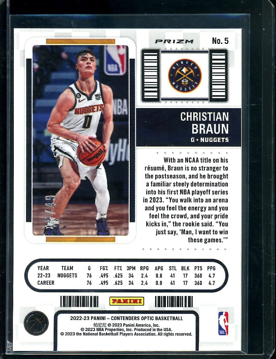 2022-23 Panini Contenders Optic Christian Braun Rookie Ticket Orange /49 Nuggets