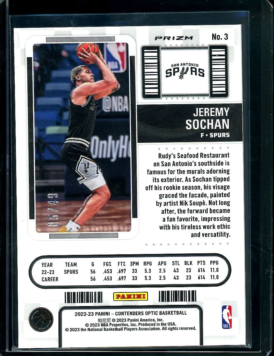 2022-23 Panini Contenders Optic Jeremy Sochan Rookie Ticket Orange /49 Spurs
