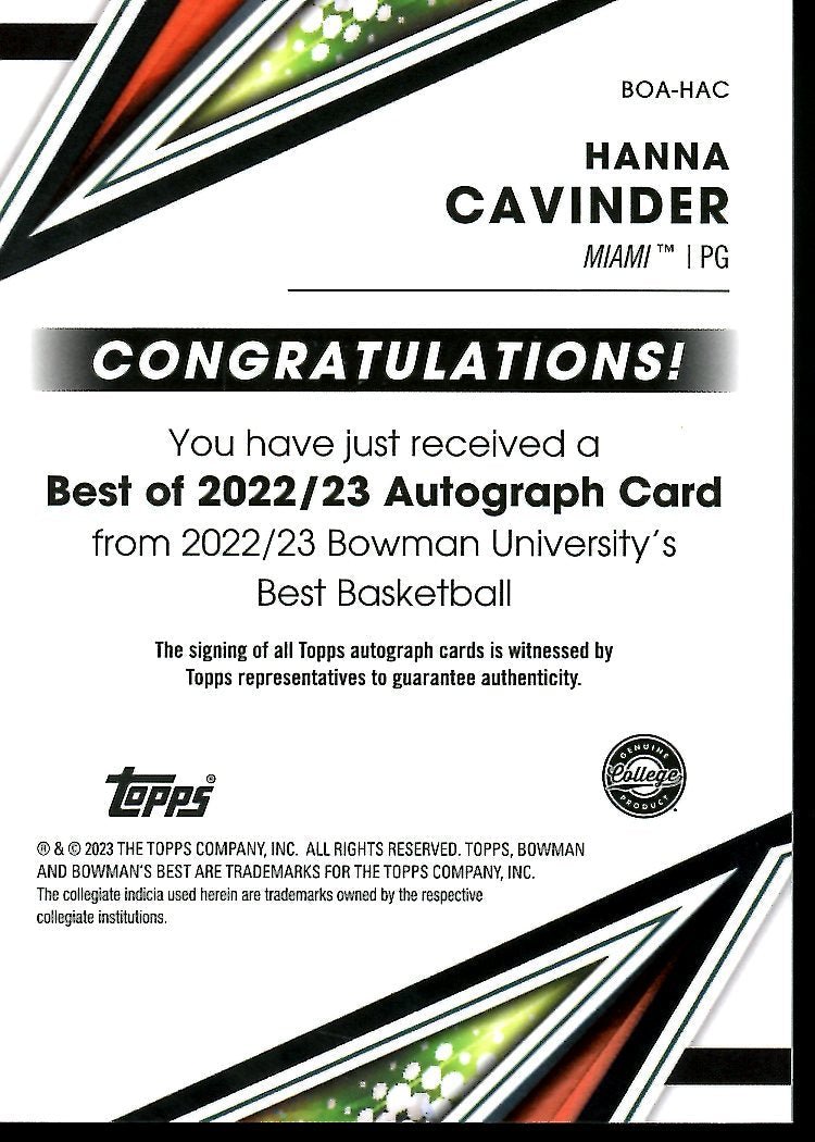 2023 Topps Bowman University Hanna Cavinder Auto Miami Hurricanes