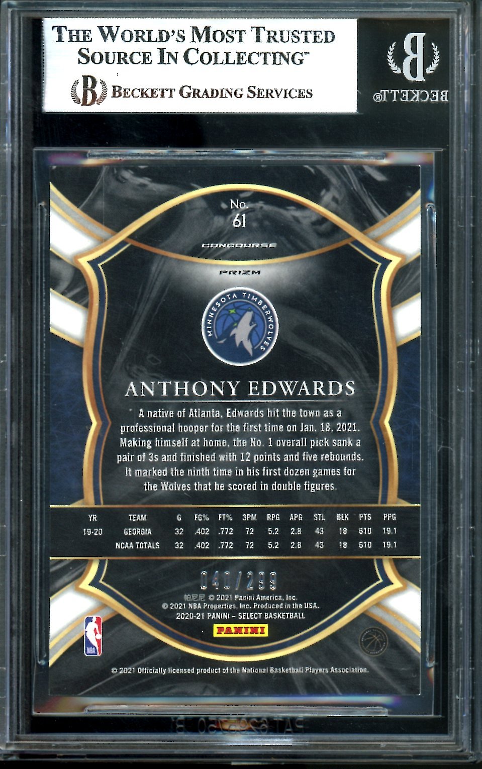 2020-21 Panini Select Anthony Edwards Rookie Light Blue /299 BGS 8.5 Timberwolves