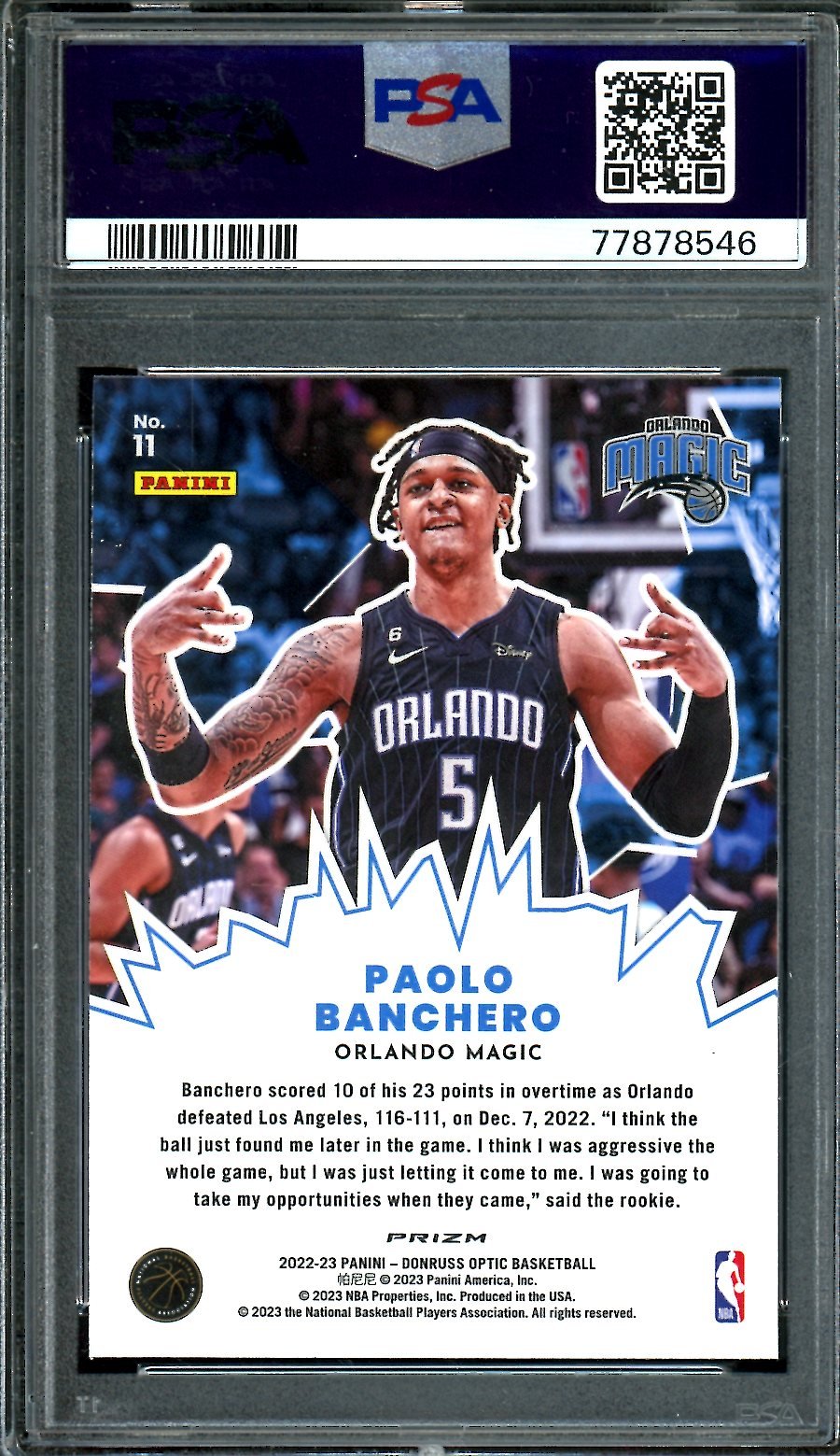 2022-23 Panini Optic Paolo Banchero Rookie My House Purple PSA 9 Magic