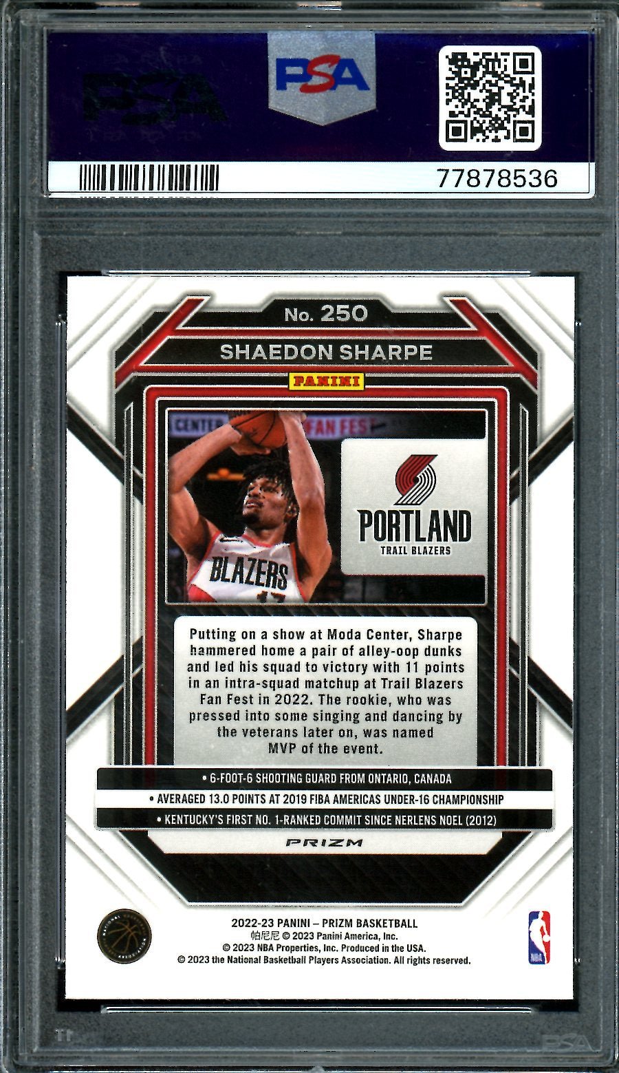 2022-23 Panini Prizm Shaedon Sharpe Rookie Red Ice PSA 10 Trail Blazers