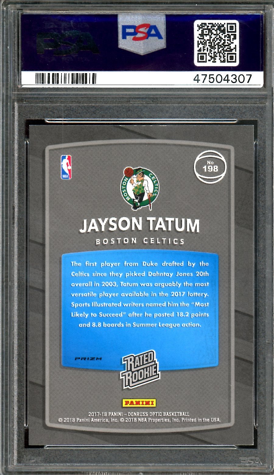2017-18 Panini Optic Jayson Tatum Rookie Holo PSA 9 Celtics